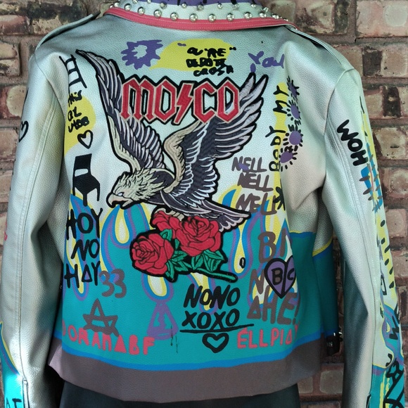 Robert Phillipe Graphic Cropped Jacket Faux Leather Biker Rocker Studded XL - Picture 13 of 13